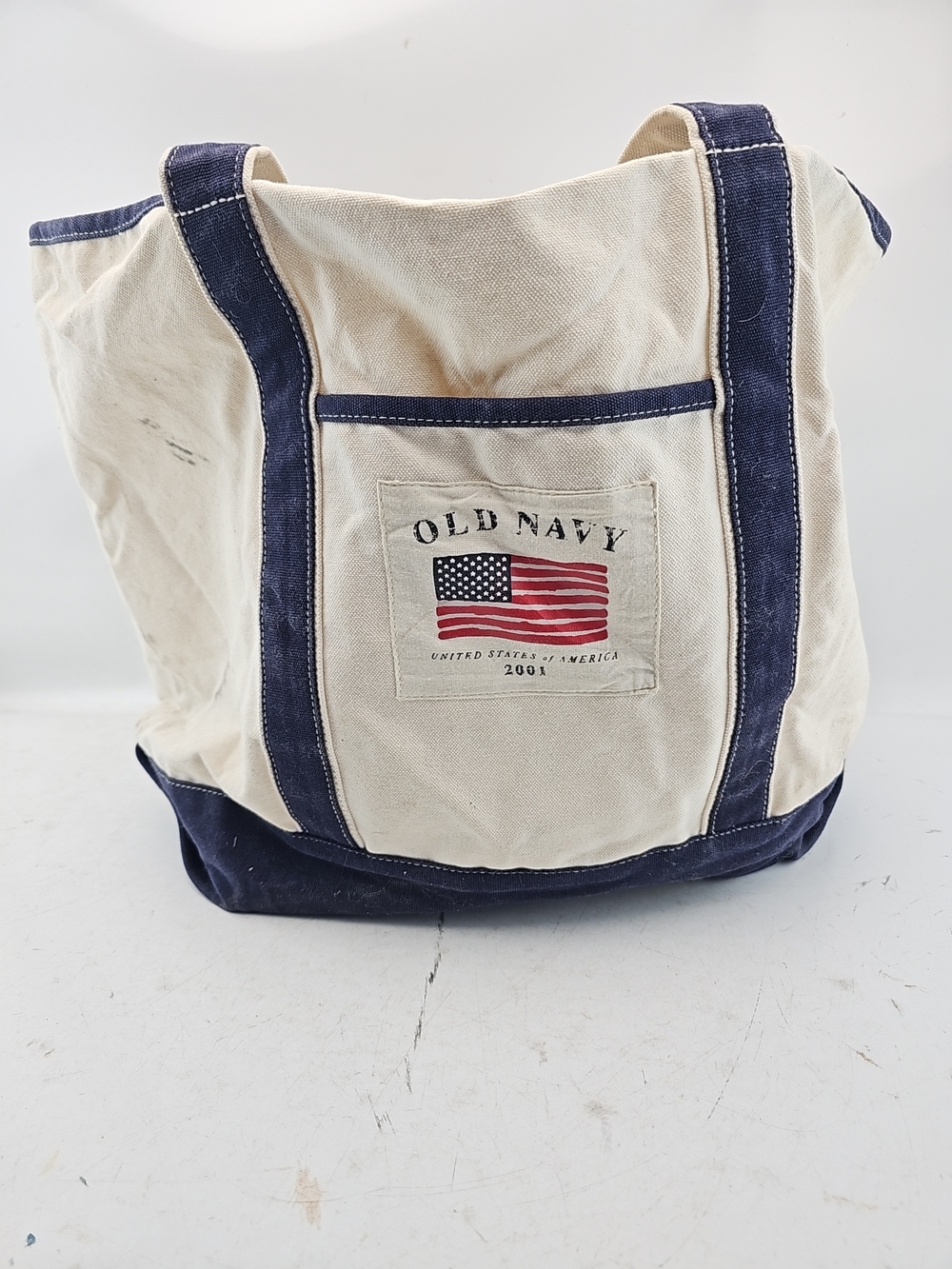 Old Navy Cream and Navy Canvas Tote with Flag Patch Accent 100% Cotton